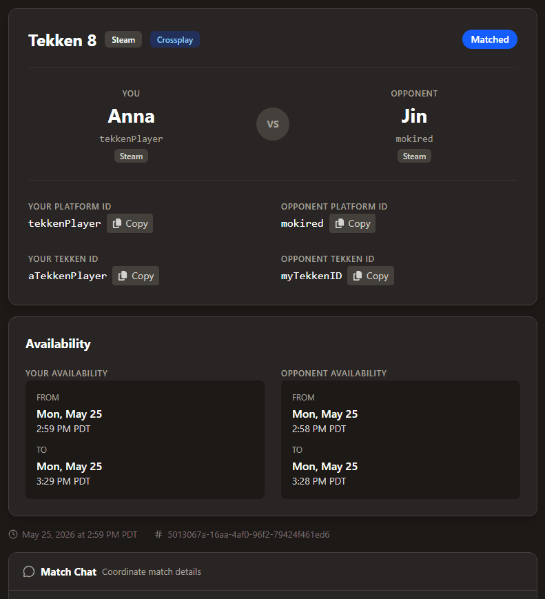Mixups match details page: both players, their platform and game IDs, and availability windows