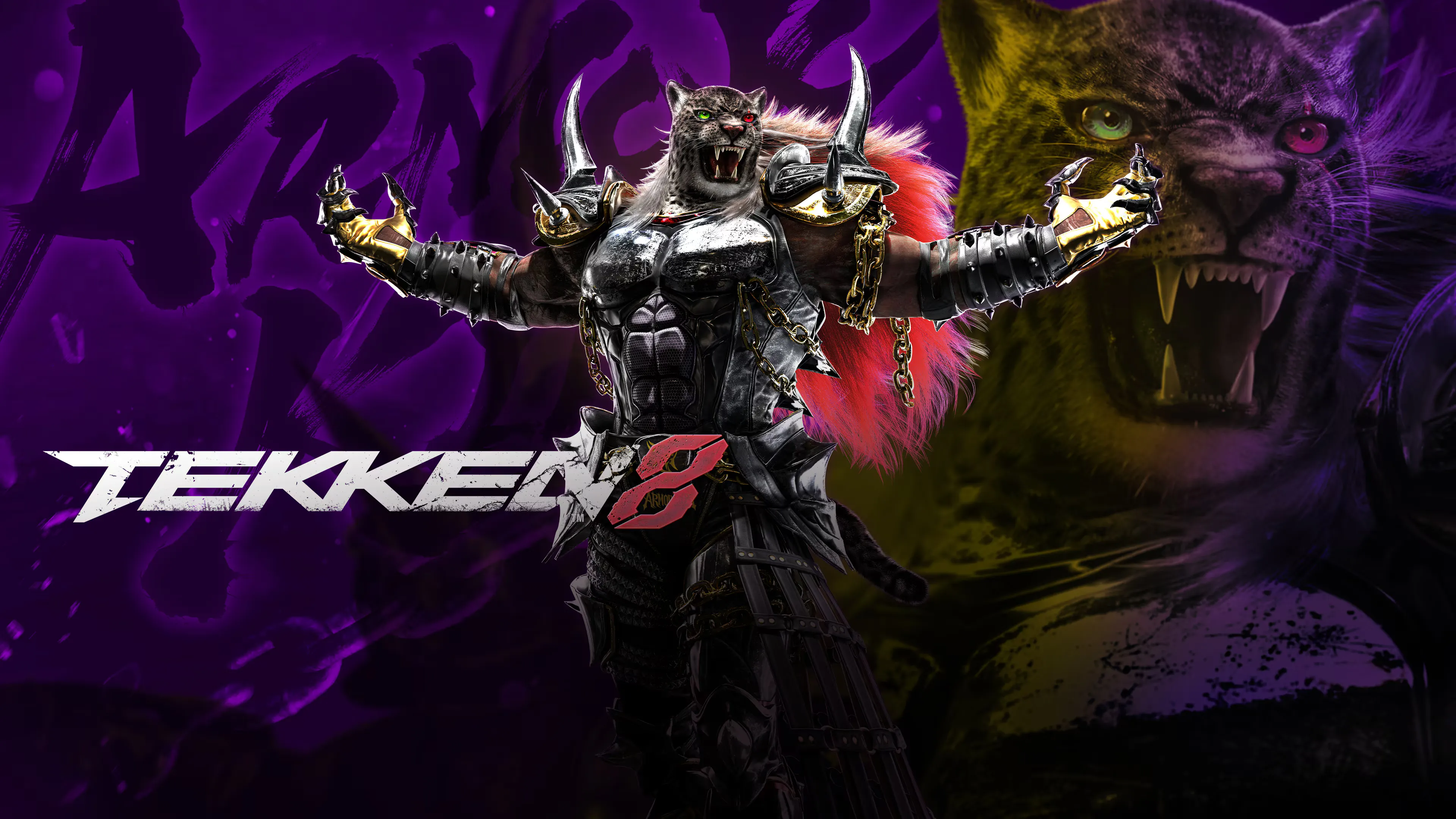 Tekken 8 promotional art of Armor King, the jaguar-masked wrestler, arms spread before a snarling panther and the Tekken 8 logo