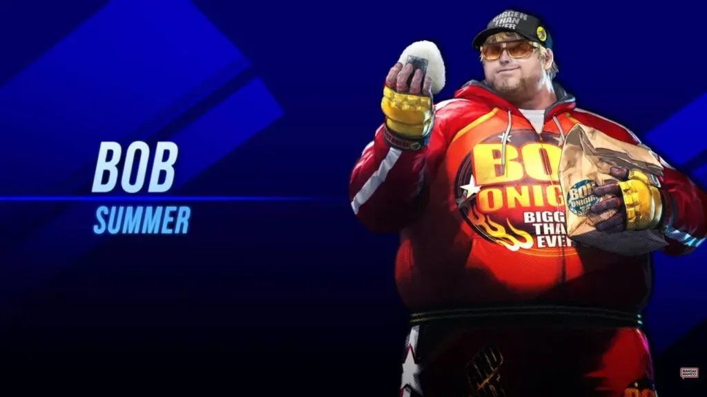 Bob's Tekken 8 character-select card labeled 'Bob' holding an onigiri rice ball and a bag of food, in a red 'Bob Onigiri' hoodie