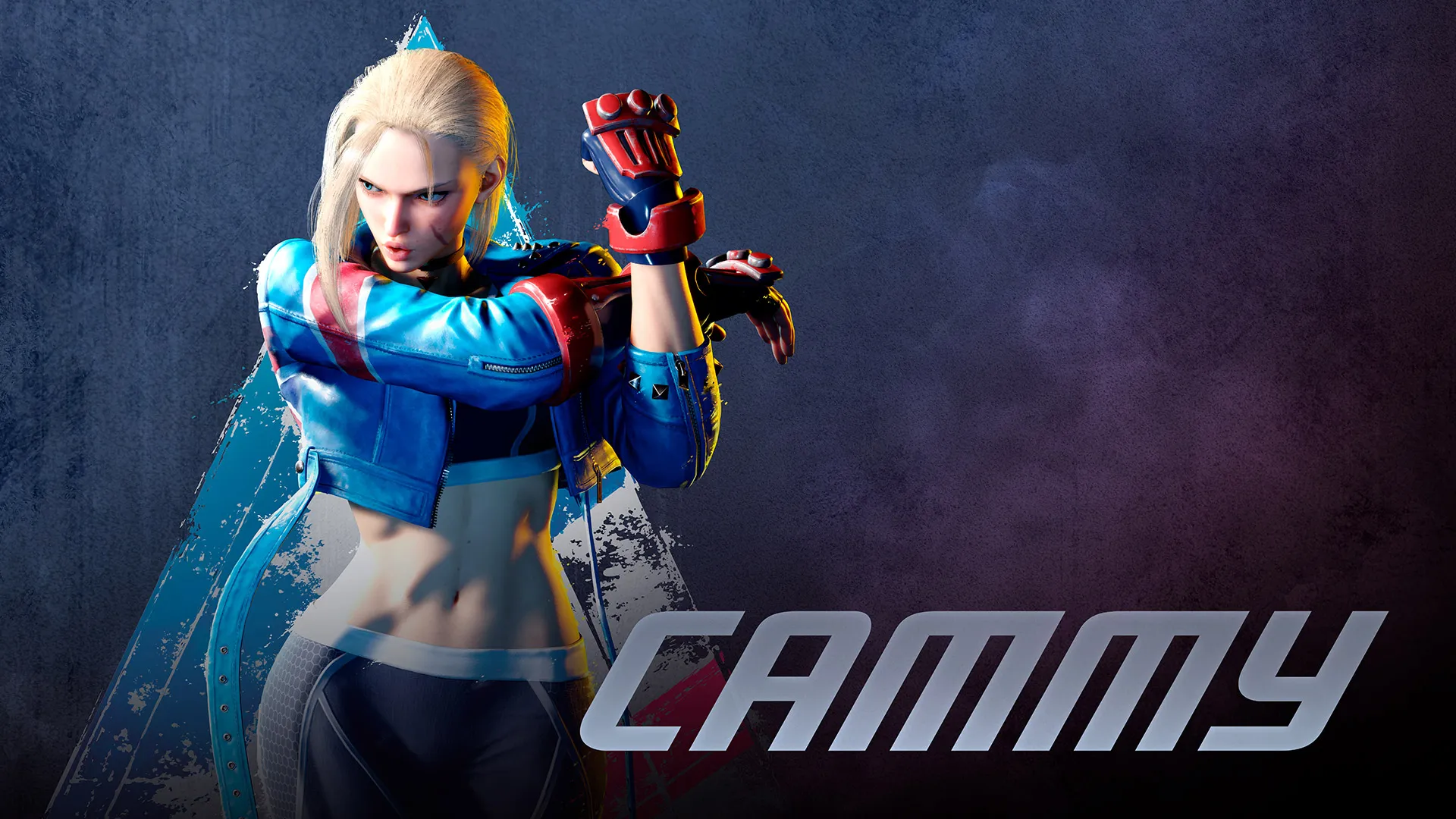 Street Fighter 6 character art of Cammy in her blue jacket and red gloves, raising her fists in a fighting stance