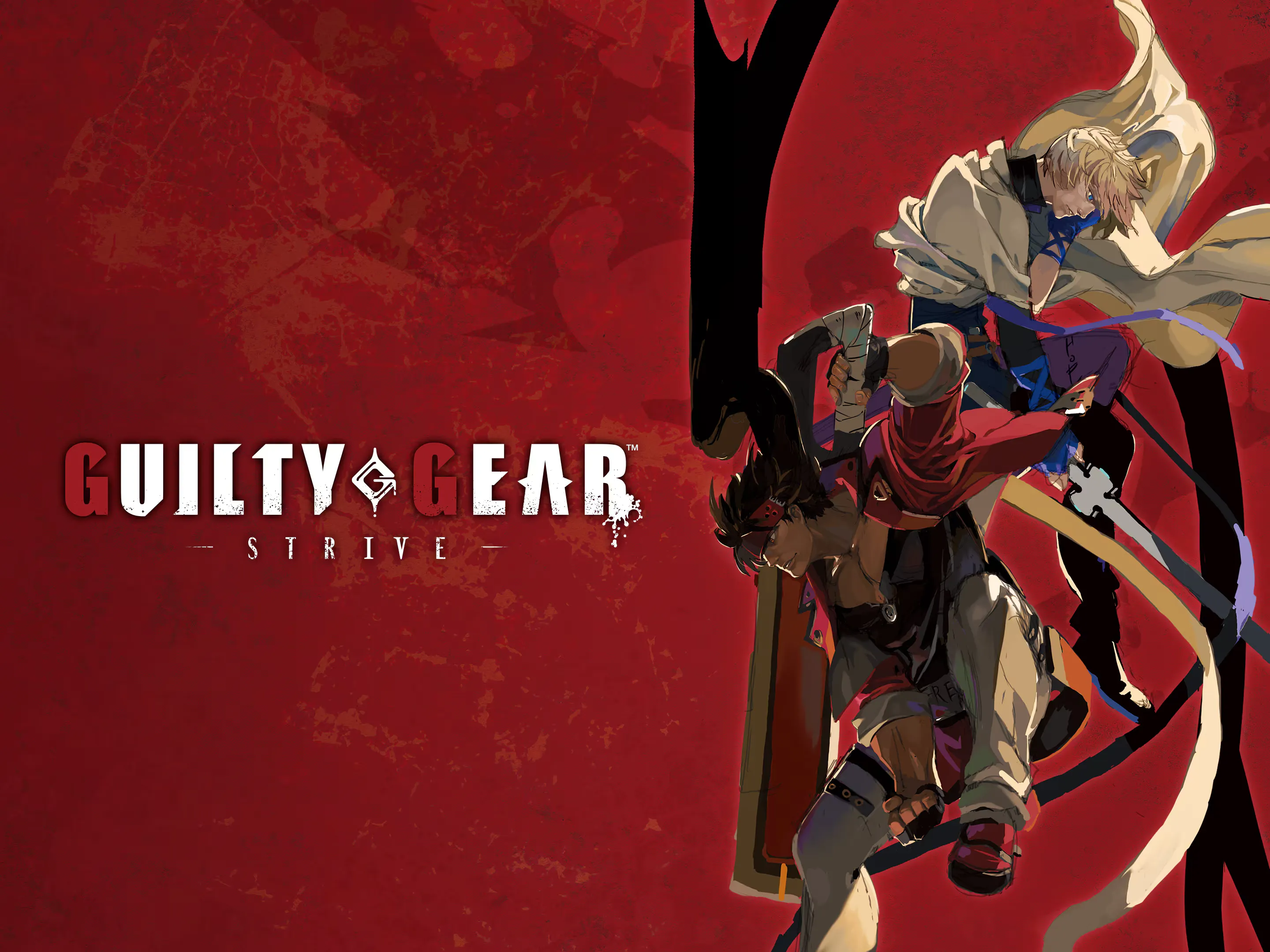 Guilty Gear Strive key art with Sol Badguy and Ky Kiske mid-fall against a red background beside the game logo