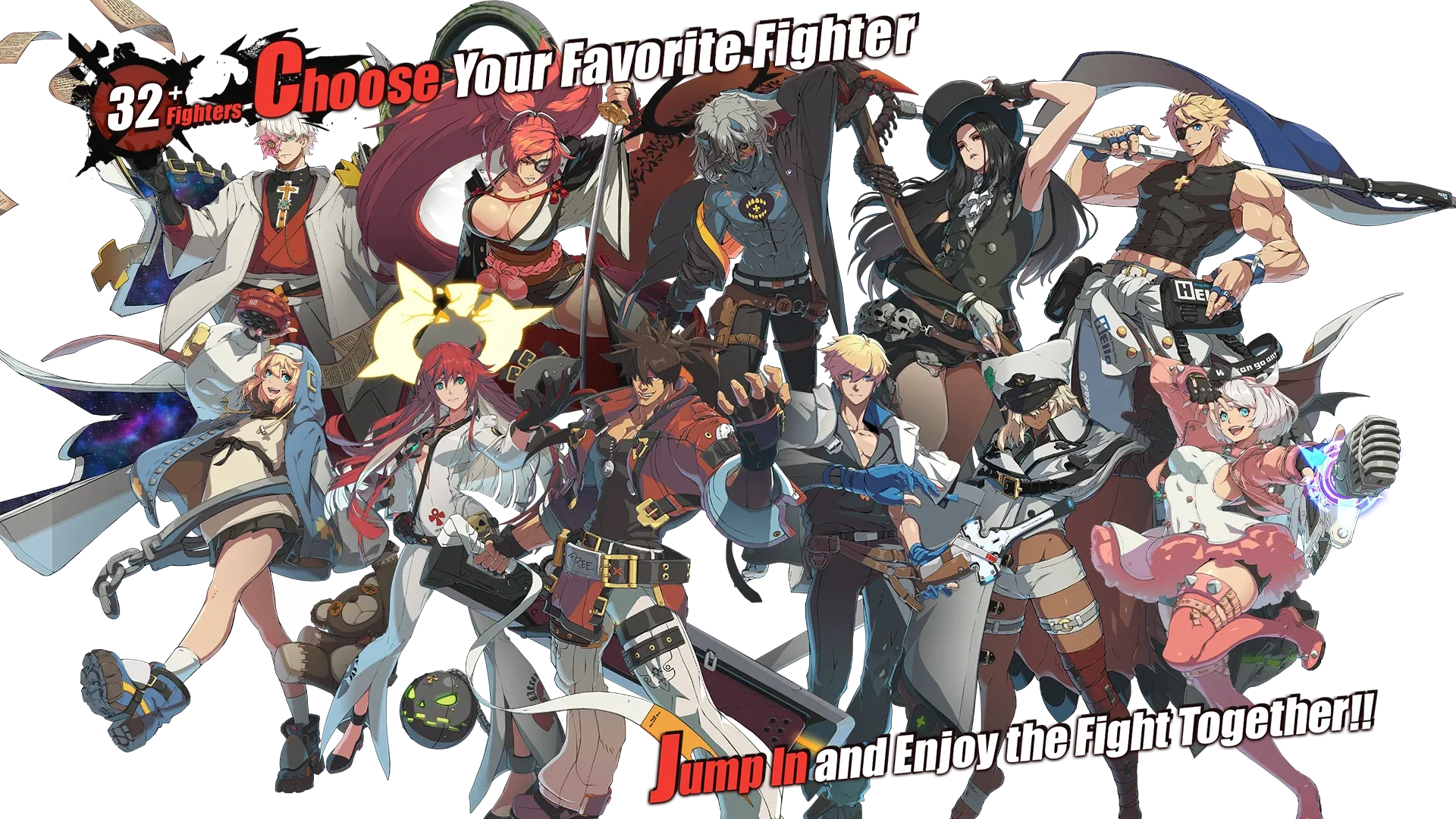 Guilty Gear Strive roster promo art with the full cast of 32-plus fighters posed together under the tagline Choose Your Favorite Fighter