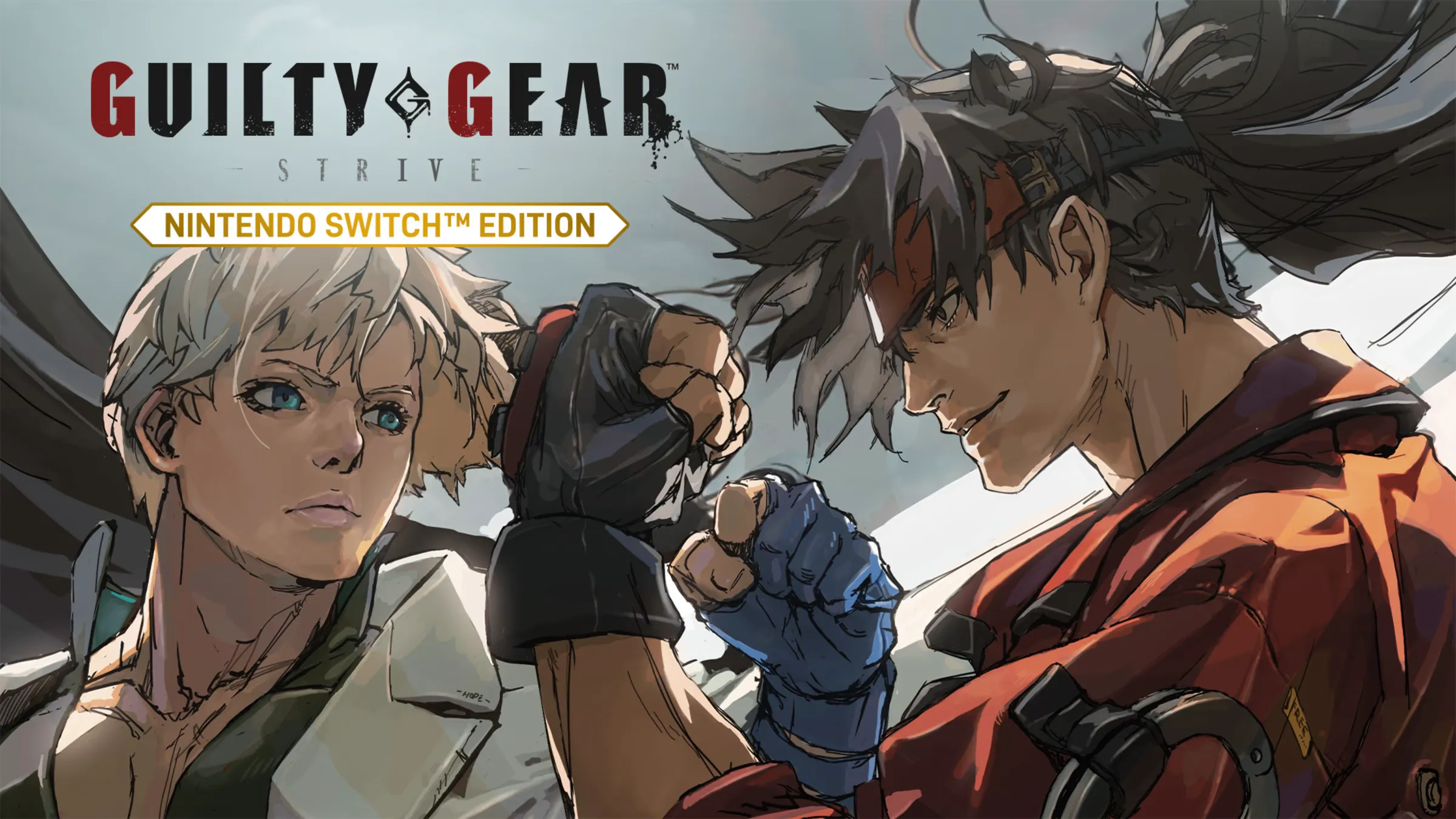 Cover art for the Nintendo Switch Edition of Guilty Gear Strive, with Ky Kiske and Sol Badguy bumping fists