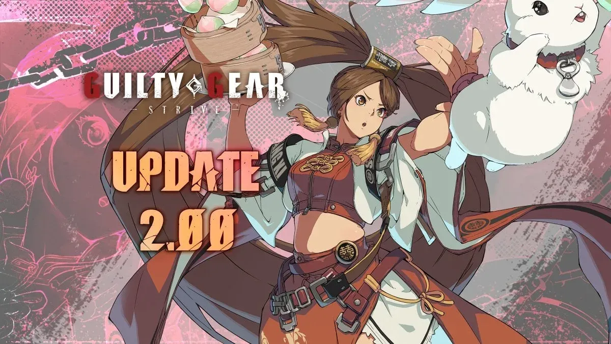 Guilty Gear Strive Version 2.00 promotional art of Jam Kuradoberi in a dynamic pose beside her rabbit companion Usagi