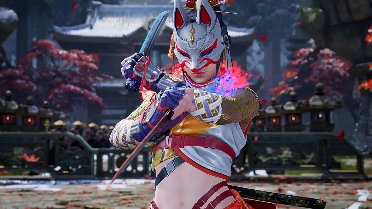 Kunimitsu in her fox mask mid-stance in a Tekken 8 temple stage, trailing red energy from her blades