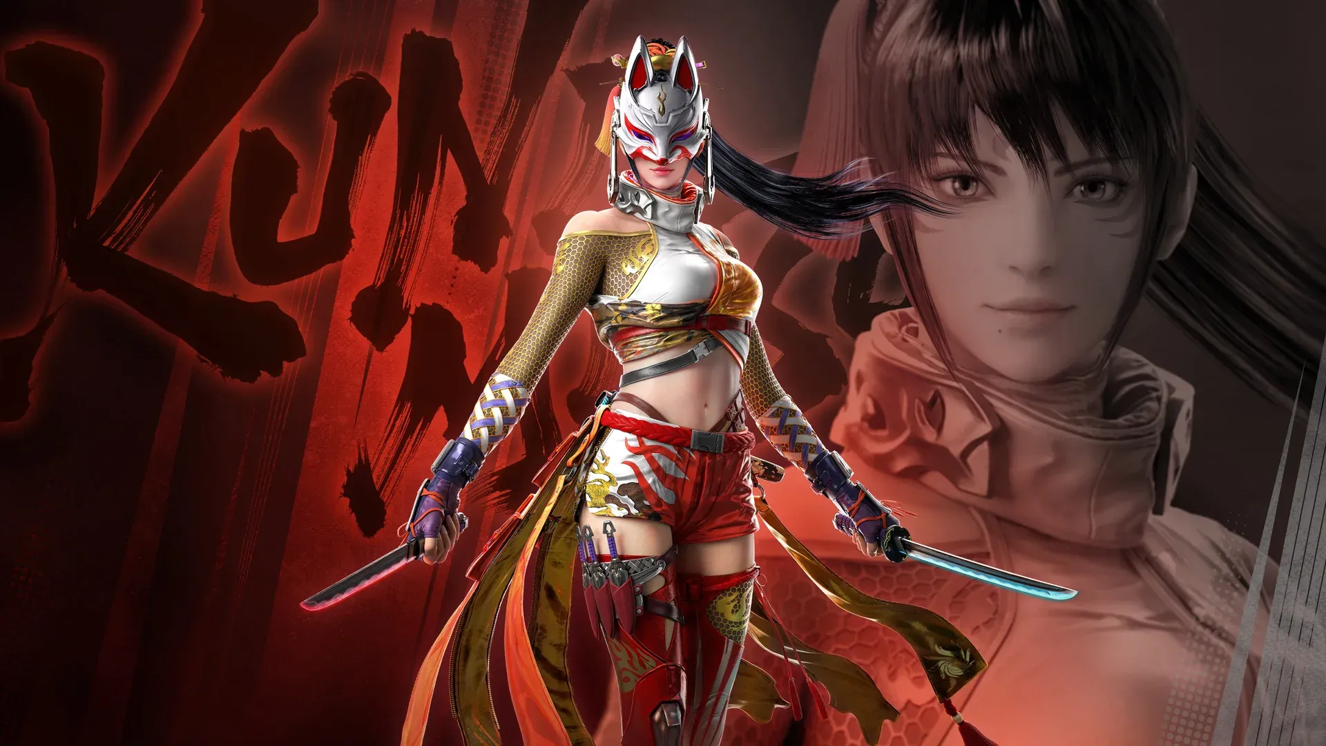 Tekken 8 promotional key art of Kunimitsu, the fox-masked Season 3 ninja, holding twin short blades with her unmasked face beside her on a red background