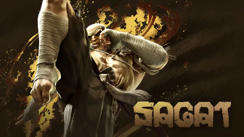 Street Fighter 6 character art of Sagat, the towering Muay Thai fighter, lunging with bandaged fists
