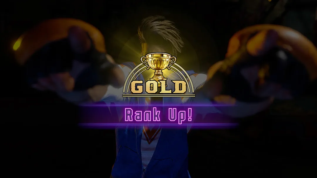 Street Fighter 6 Ranked screen showing a gold trophy and a Rank Up! banner for reaching Gold rank