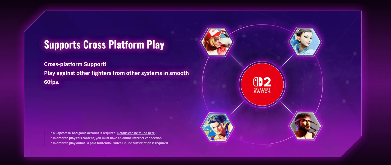 Street Fighter 6 infographic reading Supports Cross Platform Play, with a Nintendo Switch 2 logo ringed by four character portraits