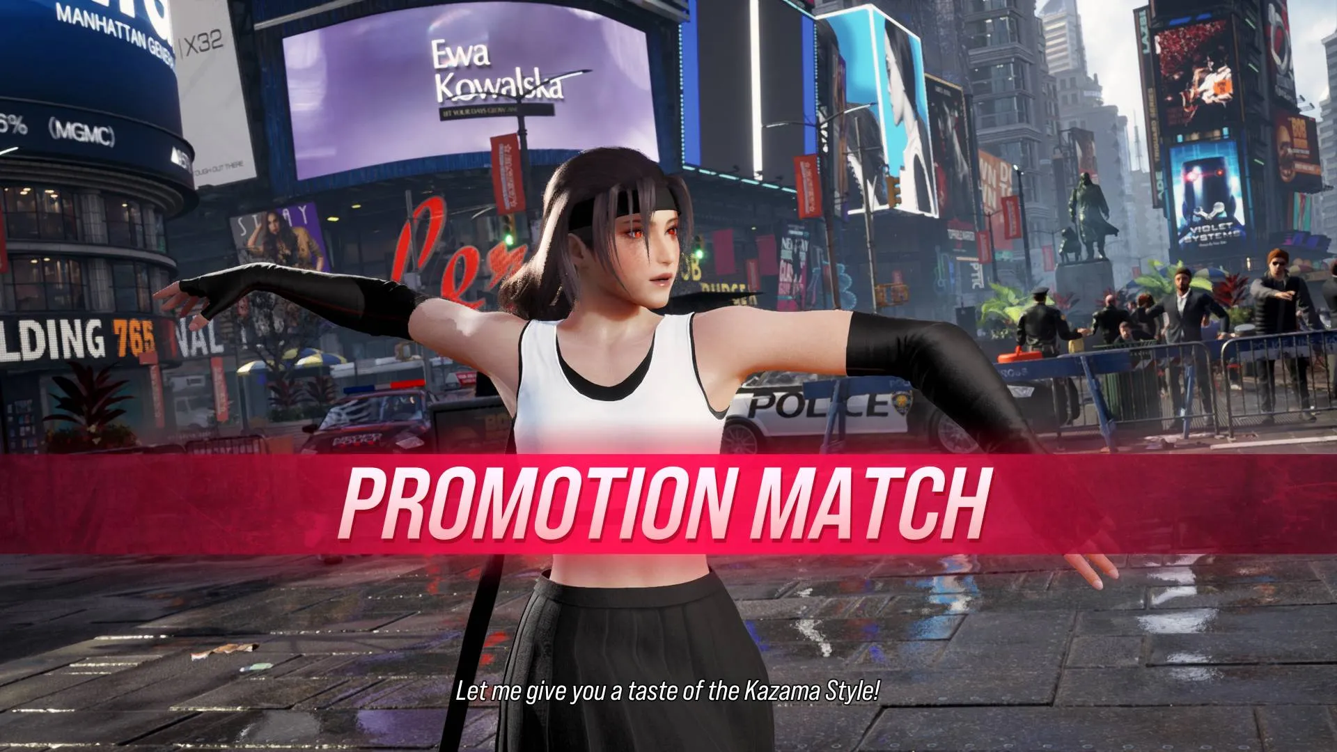 Tekken 8 ranked screenshot of Reina on a city stage beneath a red Promotion Match banner