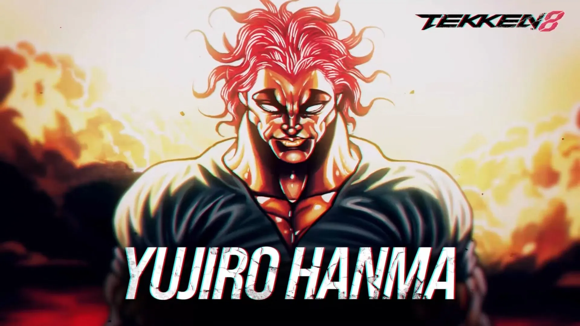 Tekken 8 reveal art of Yujiro Hanma from Baki, grinning with his red hair against a fiery sky beside his name in large type