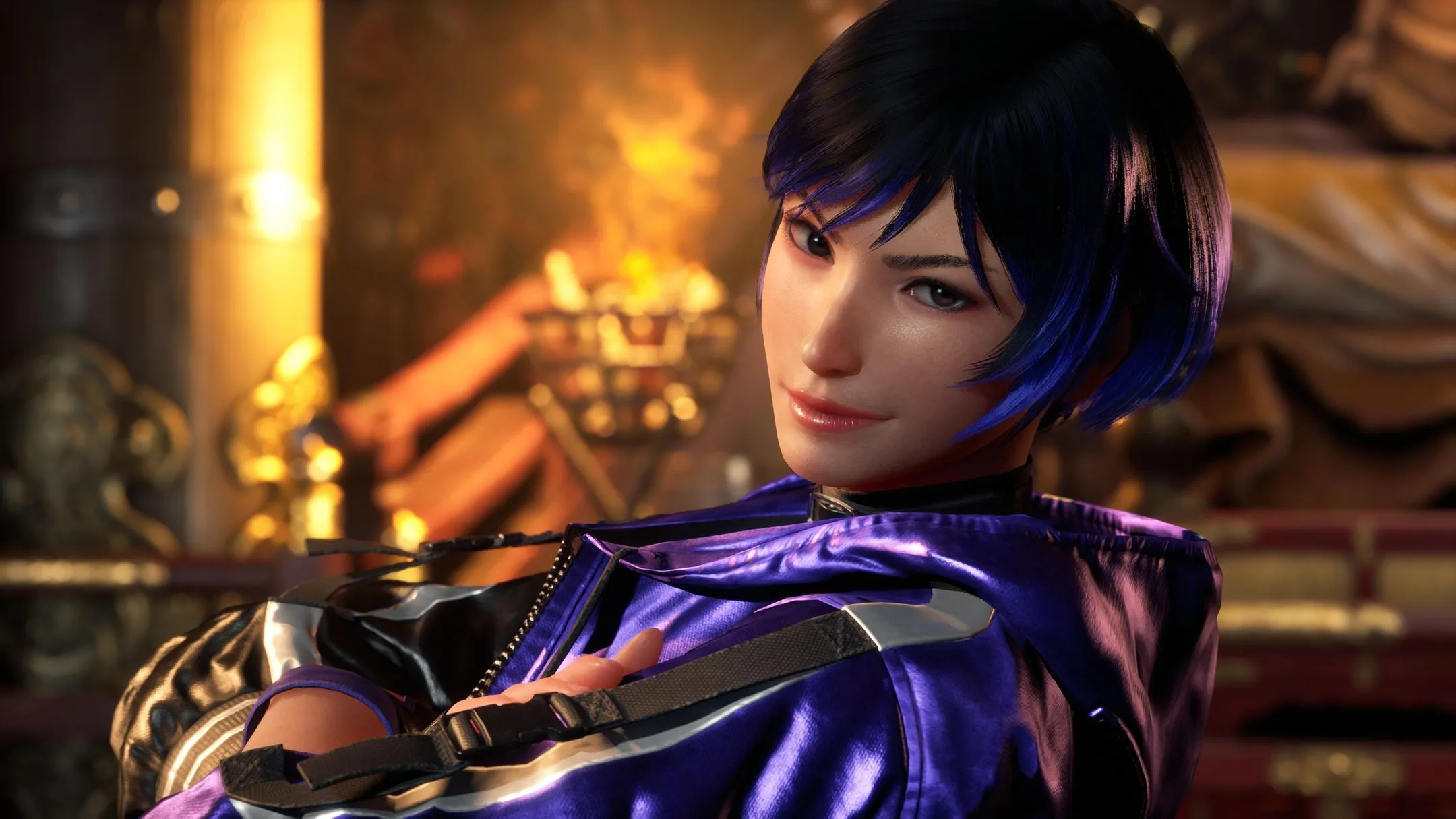 Close-up of Reina from Tekken 8, smirking, with her signature blue-streaked black hair and purple outfit