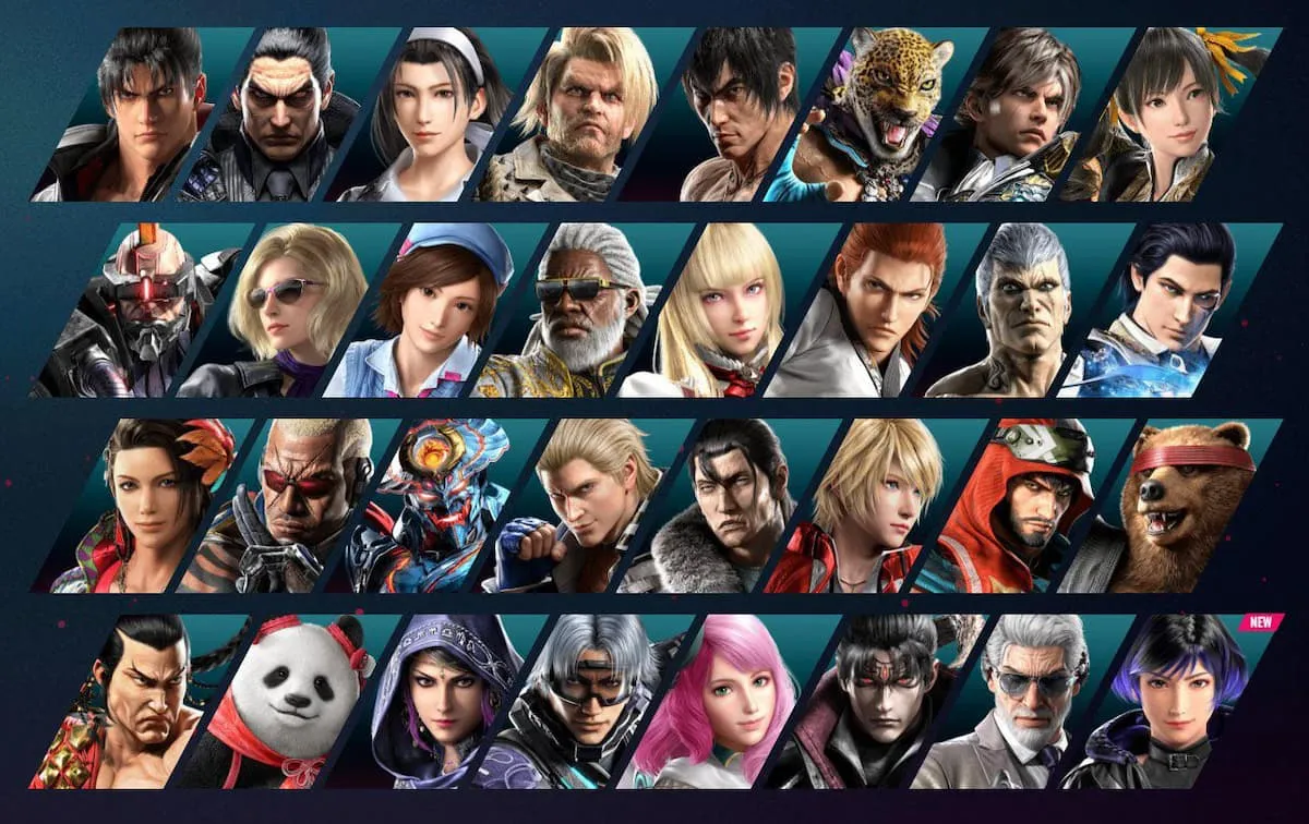 Tekken 8 character select screen showing the full roster as a grid of fighter portraits