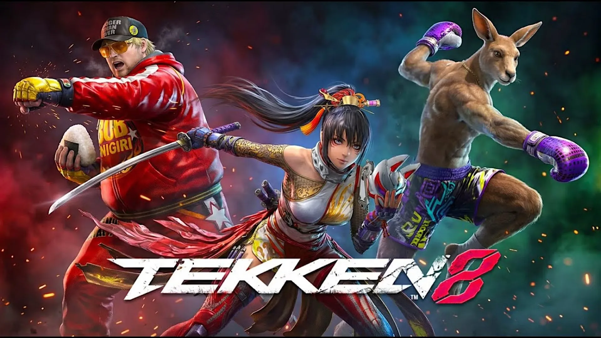 Tekken 8 Season 3 DLC promo art with Bob, the ninja Kunimitsu, and the boxing kangaroo Roger Jr. beside the Tekken 8 logo