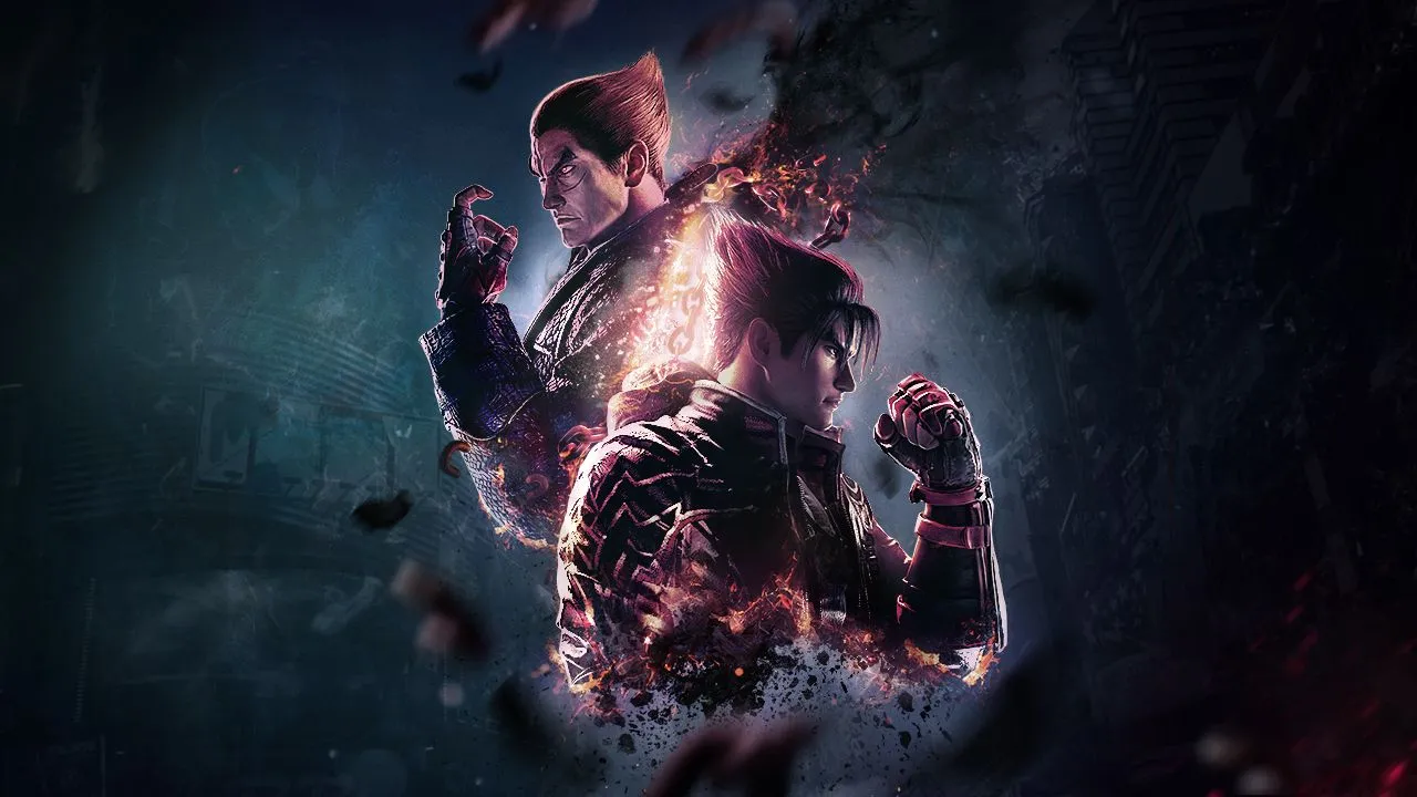 Tekken 8 key art of Jin Kazama in his red jacket with Kazuya Mishima behind him amid embers